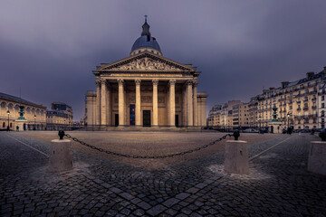 Paris, France - February 8, 2021: Pantheon monument in 5th arrondissement in Paris during lockdown due to Covid-19 - obrazy, fototapety, plakaty
