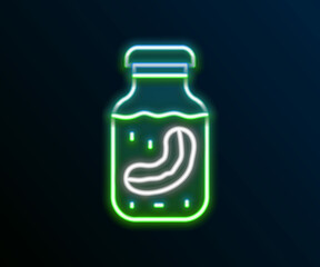 Glowing neon line Sea cucumber in jar icon isolated on black background. Marine food. Colorful outline concept. Vector