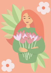 Young red-haired woman holding a bouquet of tulips in her hands. Minimalistic style. Flat illustration