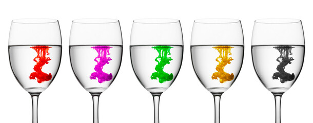 Group of ink drop in water glass on white background