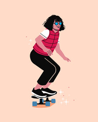 Skateboarder on skateboard.  female skater smiling In skate park.  skateboarding Outdoors in Street. Spart and transportation.  professional extreme sport.  happy athlete.