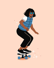 Fototapeta na wymiar Skateboarder on skateboard. female skater smiling In skate park. skateboarding Outdoors in Street. Spart and transportation. professional extreme sport. happy athlete.