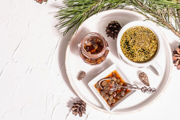 Pine needle tea, sollip-cha, traditional Korean beverage with pine cone jam