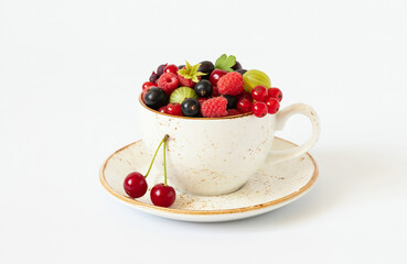 Berries in a mug on a white background. Cherries, raspberries, gooseberries and red currants in a cup. Juicy fresh berries.