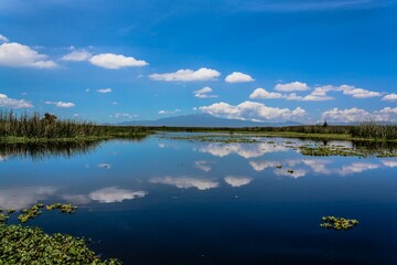 Laguna con volcán de fondo - Lago azul - Lago con árboles - Laguna con nubes - cuerpo de agua...