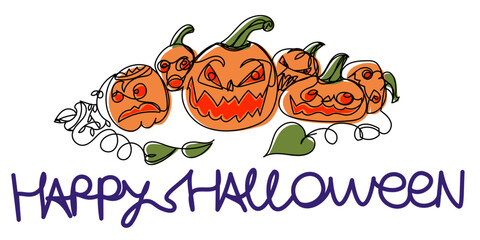 Funny Halloween pumpkins in one line. Template for Halloween postcards. Ominous laughing faces from the pub. Vector stock illustration for the Feast of All Saints with disguise.