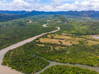 Fototapeta na wymiar フィリピン、パラワン州のブスアンガ島コロン島周辺をドローンで撮影した空撮写真 Aerial photo taken by drone around Coron Island, Busuanga, Palawan, Philippines. 