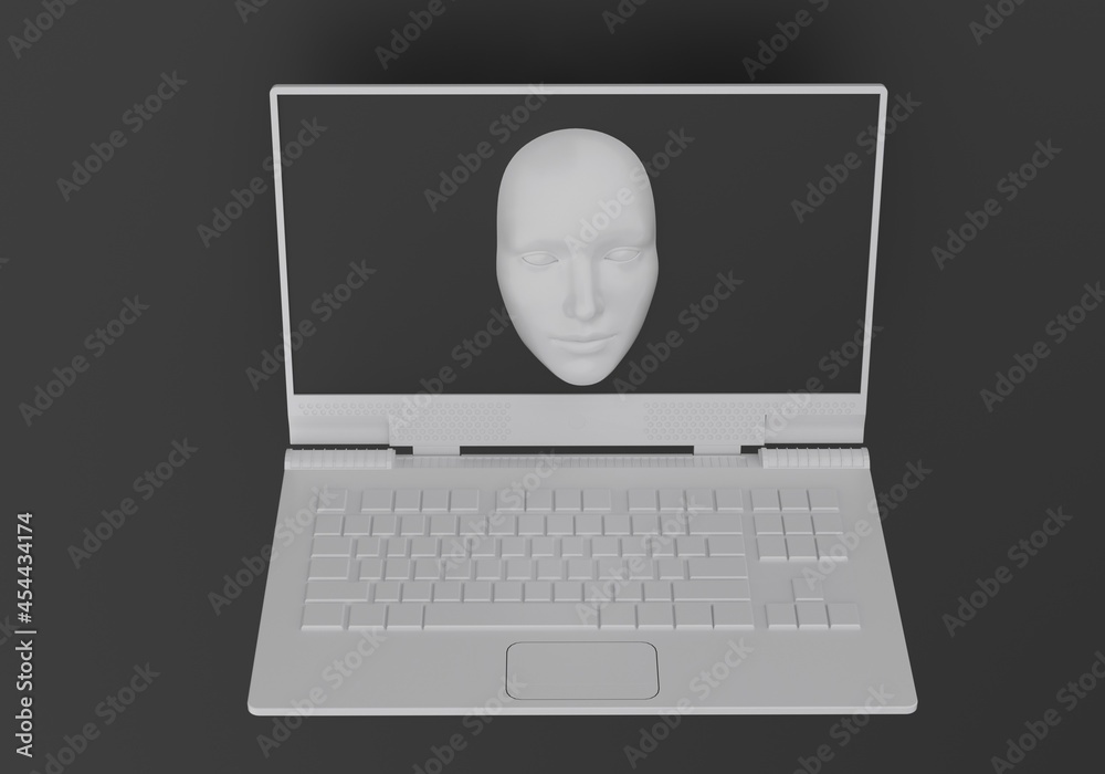 Poster Minimal surreal 3D illustration with a laptop and a face appearing from its screen. Concept of cybersecurity and computer hacker.