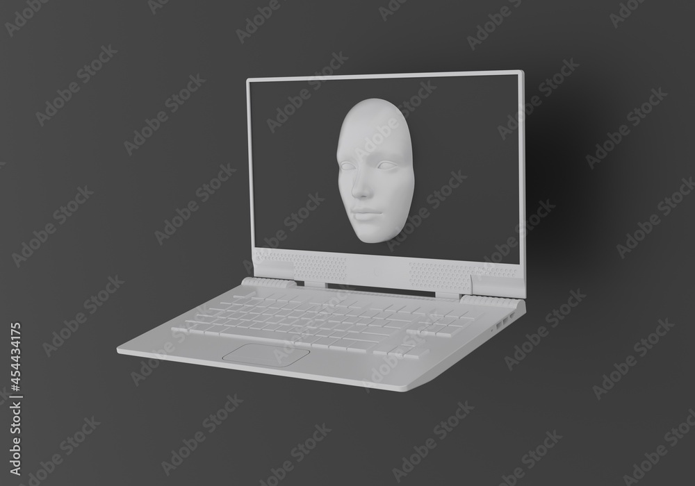 Poster minimal surreal 3d illustration with a laptop and a face appearing from its screen. concept of cyber