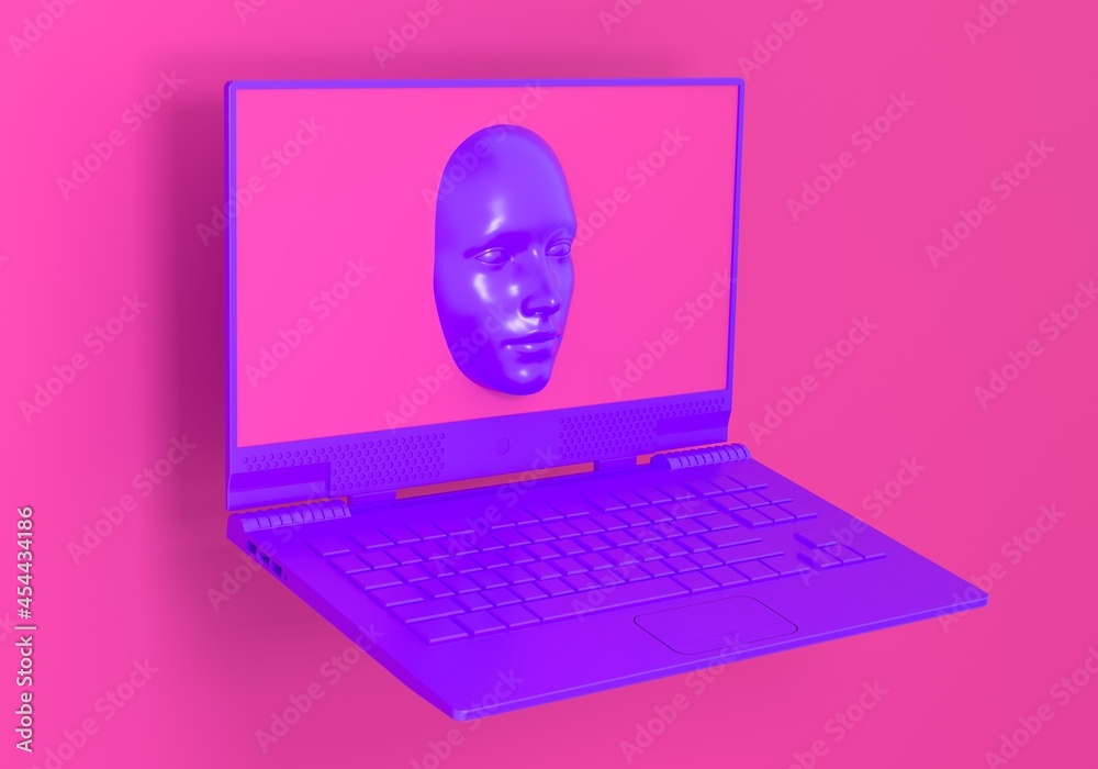 Aufkleber Minimal surreal 3D illustration with a laptop and a face appearing from its screen. Concept of cybersecurity and computer hacker.