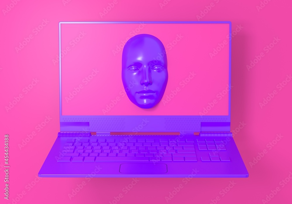 Aufkleber Minimal surreal 3D illustration with a laptop and a face appearing from its screen. Concept of cybersecurity and computer hacker.