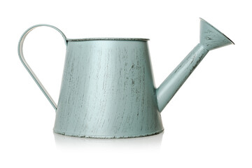 Watering can, a vessel for watering plants, metal, isolated on a white background, close-up