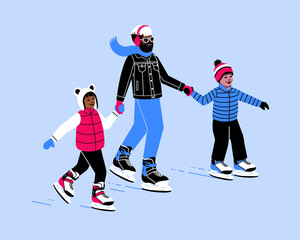 Fototapeta na wymiar Family ice skating together single dad children non-binary family father and kids doing winter sports ice rink outdoor Holiday activity. boy and girl ice skating 