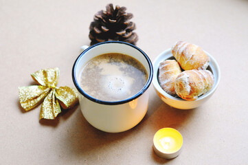 Still life. Breakfast. Cup of hot cocoa, cookies and pine cone on the background