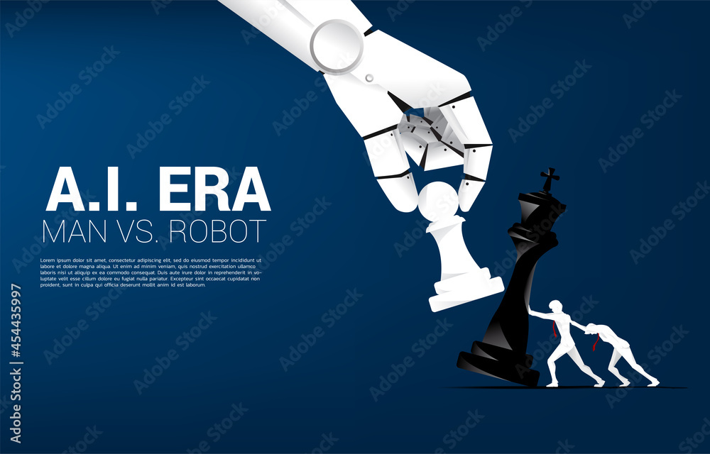 Poster Close up of robot hand try to checkmate chess game of human. Concept of A.i. Disruption and man v.s. machine learning