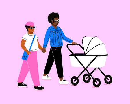 queer  couple pushing stroller. happy family with newborn taking a walk.  gay couple 2 dads and baby together. Smiling parent on paternity leave. 