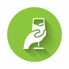 White Wine tasting, degustation icon isolated with long shadow background. Sommelier. Smells of wine. Green circle button. Vector