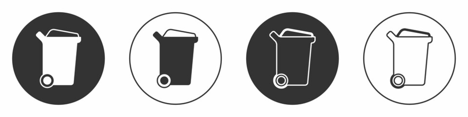 Black Trash can icon isolated on white background. Garbage bin sign. Recycle basket icon. Office trash icon. Circle button. Vector