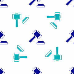 Fototapeta premium Blue Judge gavel icon isolated seamless pattern on white background. Gavel for adjudication of sentences and bills, court, justice. Auction hammer. Vector