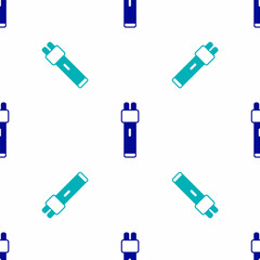 Blue Police electric shocker icon isolated seamless pattern on white background. Shocker for protection. Taser is an electric weapon. Vector