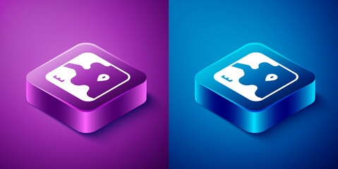 Isometric Africa safari map icon isolated on blue and purple background. Square button. Vector