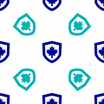 Blue Canada flag on shield icon isolated seamless pattern on white background. Vector
