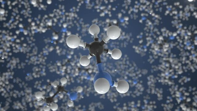 Ethylamine molecule, conceptual molecular model. Chemical looping 3d animation