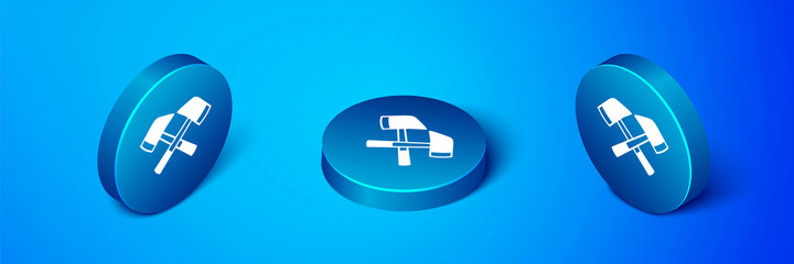 Isometric Firefighter axe icon isolated on blue background. Fire axe. Blue circle button. Vector