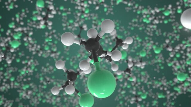 Ethyl chloride molecule made with balls, scientific molecular model. Chemical looping 3d animation