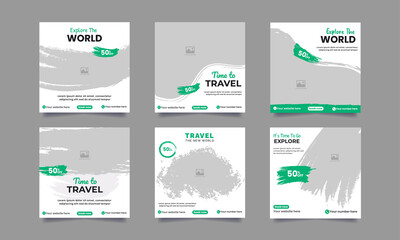 Travel social media post banner template for set of editable tour holiday vacation square flyer
