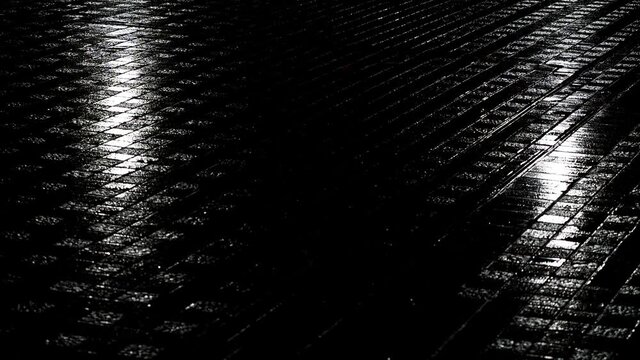Tokyo,Japan - September 2, 2021: Falling rain on brick tiles at night
