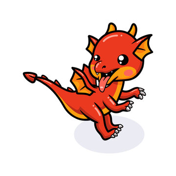 Cute red little dragon cartoon jumping