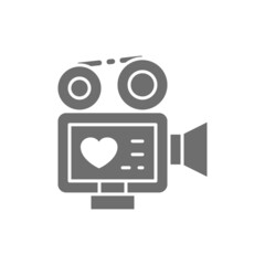 Movie camera with film strip, video of love story, wedding recording grey icon.