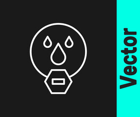 White line Water drop forbidden icon isolated on black background. No water sign. Vector