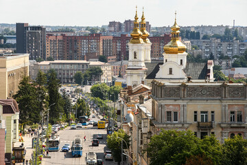 Fototapeta na wymiar Aerial panoramic view of Soborna Street and Orthodox Holy Transfiguration Cathedral in Vinnytsia, Ukraine. July 2021