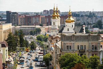 Aerial panoramic view of Soborna Street and Orthodox Holy Transfiguration Cathedral in Vinnytsia,...