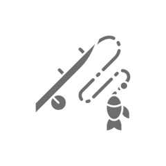 Fishing rod with fish grey icon. Isolated on white background