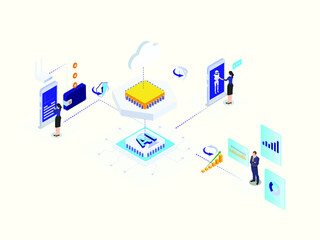 Artificial Intelligence processor connecting to cloud computing with business people working on futuristic touchscreen. Isometric vector concept