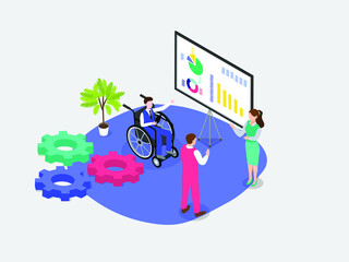 Handicapped businessman sitting on wheelchair while discussing with his partner in a business meeting. isometric vector concept