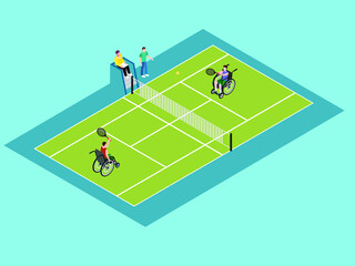 Handicapped men playing tennis while sitting on the wheelchair. isometric vector concept