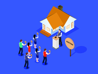 House auction with group of bidder giving their bid on the auctioneer. isometric vector concept