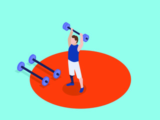 Impaired young guy working out with weights. Physical activities for disabled people. isometric vector concept
