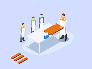 Male tutor with carpentry student in workshop studying for apprenticeship in training period