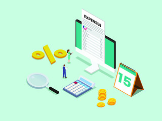 Man talking with a consultant to calculate his expense with digital document on the computer monitor. Isometric vector concept