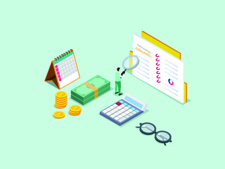 Man calculating his expenses while looking at the notebook with magnifying glass. Isometric vector concept