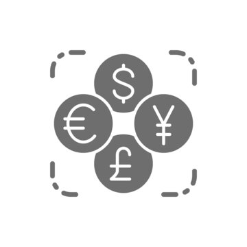 Currency exchange, foreign money, coin of dollar, euro, yen, pound grey icon.