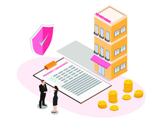 Woman and insurance agent talking about property insurance application form with apartment building background. isometric vector concept