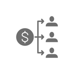 Income distribution, dividend payment, salary, money coin with people grey icon.