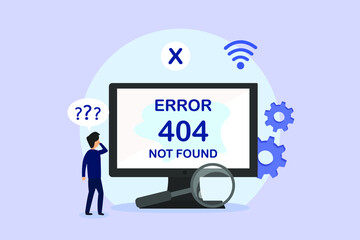 Error web page vector concept: Young man looking at monitor with error 404 not found while feeling confused 