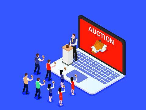 People competing to bid a house price on the online auction house. Isometric vector concept